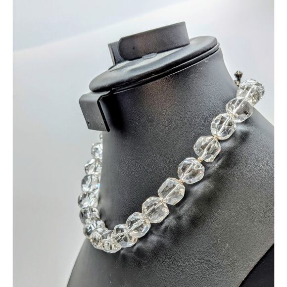 Vtg 925 Sterling Chunky Faceted Cut Rock Crystal Quartz Toggle Clasp Necklace - Picture 2 of 11